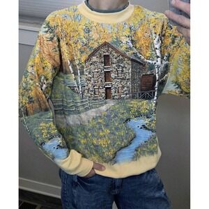 VTG National Wildlife Federation Sweatshirt Size MediYellow Nature AOP Retro 90s